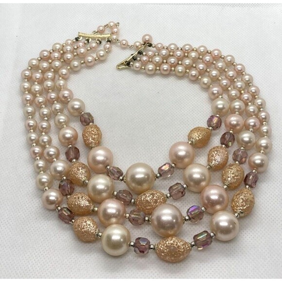 Vintage Pastel Peach Plastic Bead 4 Strand Tiered 16'' Necklace 1960s Japan - Picture 1 of 9